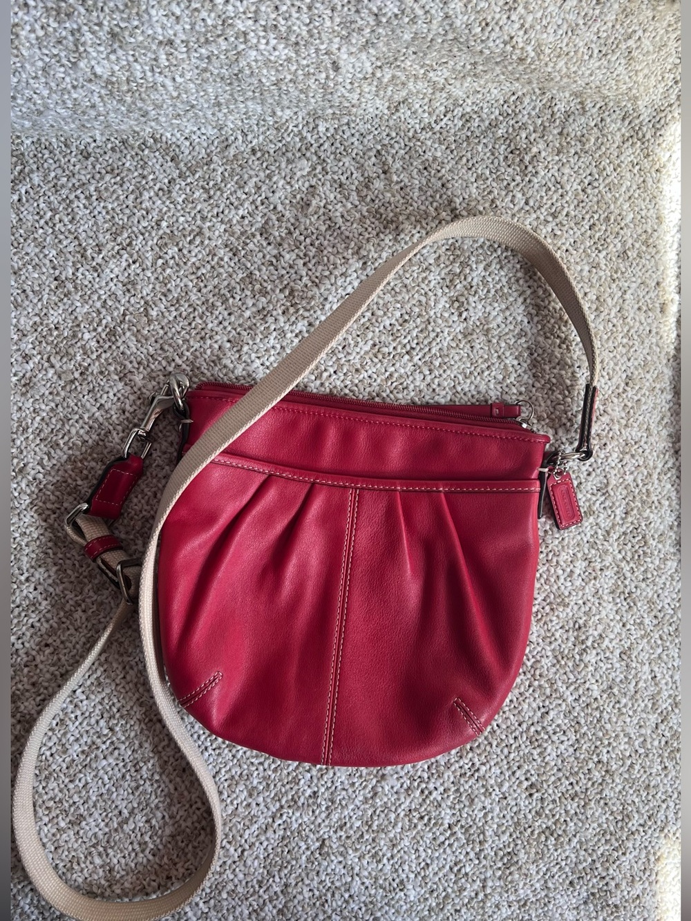 Coach Red Leather Crossbody with Neutral Canvas Strap FREE hat included